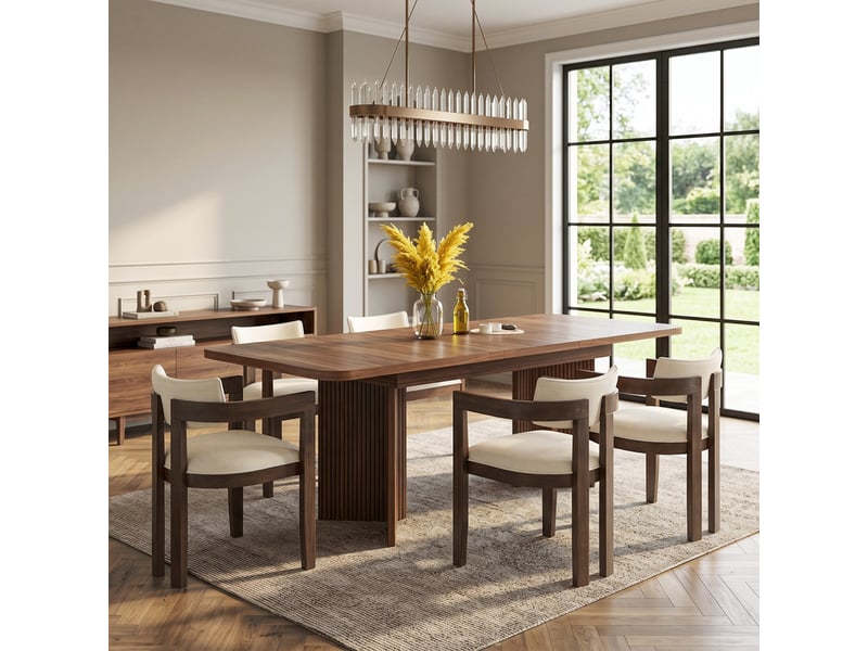  Ensemble table à manger rectangulaire extensible 120–160 cm, pieds en v + 6 chaises en bois massif, revêtues de tissu lin respirant  - Conforama D