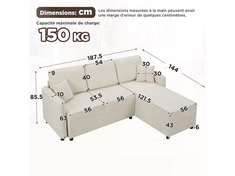  Canapé d'angle l 3 places, méridienne 144 cm, tissu chenille, mousse haute densité, 2 coussins inclus pour salon et appartement Fay Lum - Conforama C