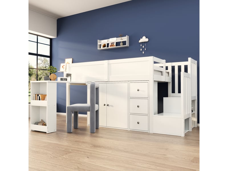  Lit mezzanine enfant 200×90 cm avec bureau coulissant, rangements et escalier, sans matelas, en mdf blanc  - Conforama C
