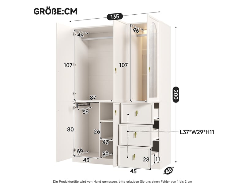  Armoire 135x48x200 cm, 5 portes avec led et 3 tiroirs blanche  - Conforama C