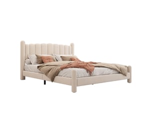 Lit adulte rembourré 180x200cm,lit double en velours avec tête de lit en forme d'éventail et pieds de support cylindriques,beige
