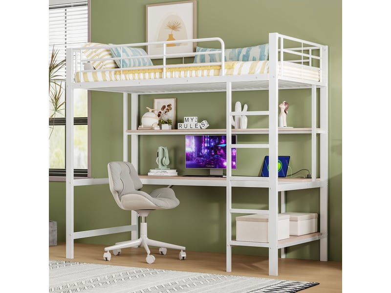  Lit mezzanine enfant 90 x 200 cm avec bureau et étagères de rangement, structure en métal blanc et mdf  - Conforama D