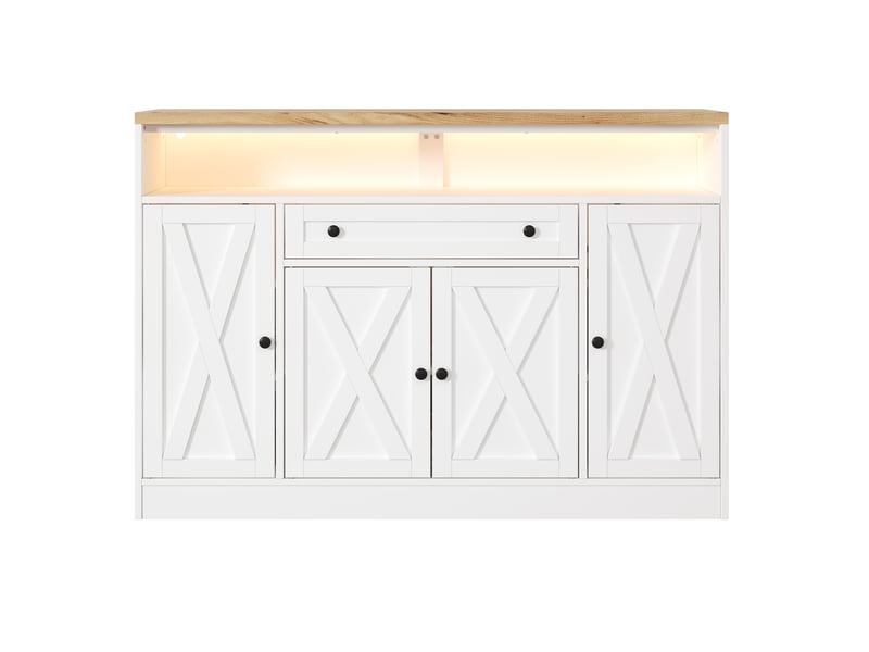  Buffet avec led rgb et  avec 4 portes et tiroir, buffet salon 140x35x95 cm en mdf blanc, meubles de rangement  - Conforama E