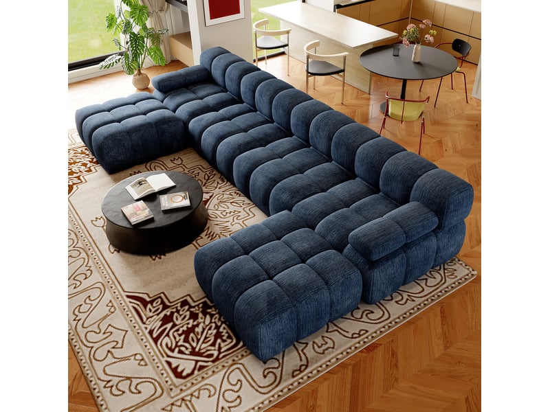  Canapé panoramique u 6 places en tissu bleu, rembourrage en mousse haute élasticité, sans montage pour grand salon  - Conforama B