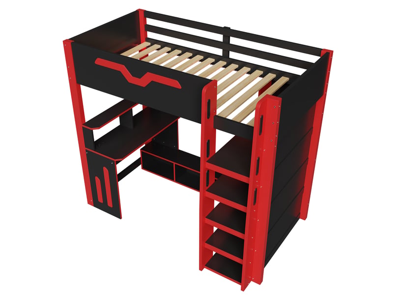 Lit mezzanine 90x200 cm noir, avec bureau, rangements, 4 étagères, escalier de rangement, led, sommier inclus, sans matelas - Conforama D