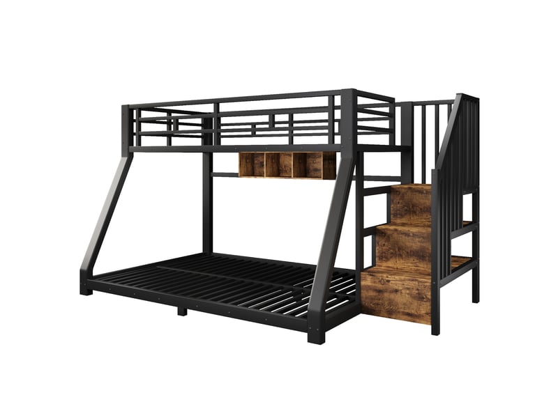  Lit superposé 140 × 200 et 90 × 200 cm, métal et mdf, led avec application, escalier et 3 niches, sans matelas, noir  - Conforama A