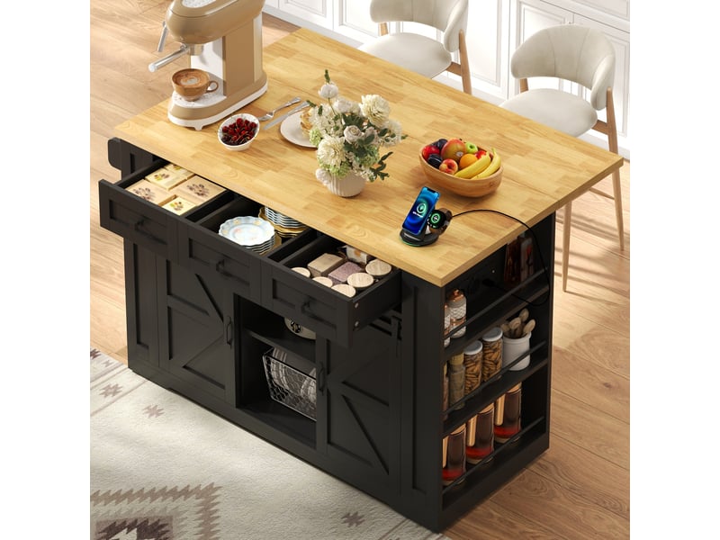  Desserte de cuisine mobile avec plan rabattable, 3 tiroirs, portes coulissantes, prises et étagères 130 × 80 × 87 cm  - Conforama E