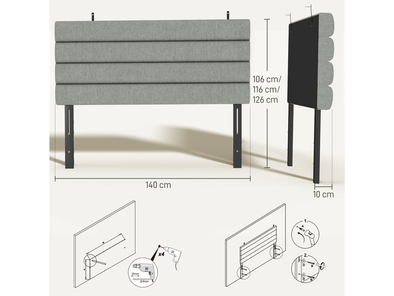  Tête de lit matelassée hauteur réglable 3 niveaux dim. L.140 x p.10 x h.106116126 cm tissu gris  - Conforama C