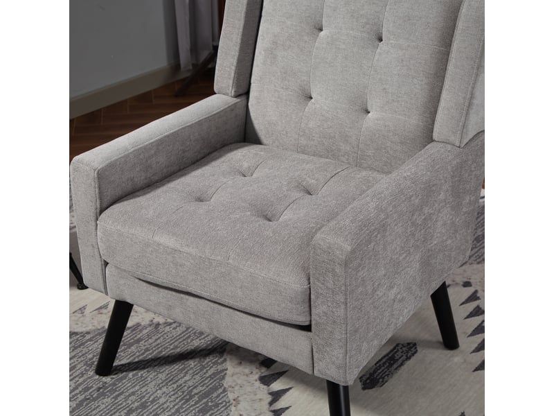 Fauteuil gris clair en daim capitonné, style milieu du siècle, mousse haute densité, pieds bois massif, salonchambrebureau - Conforama D