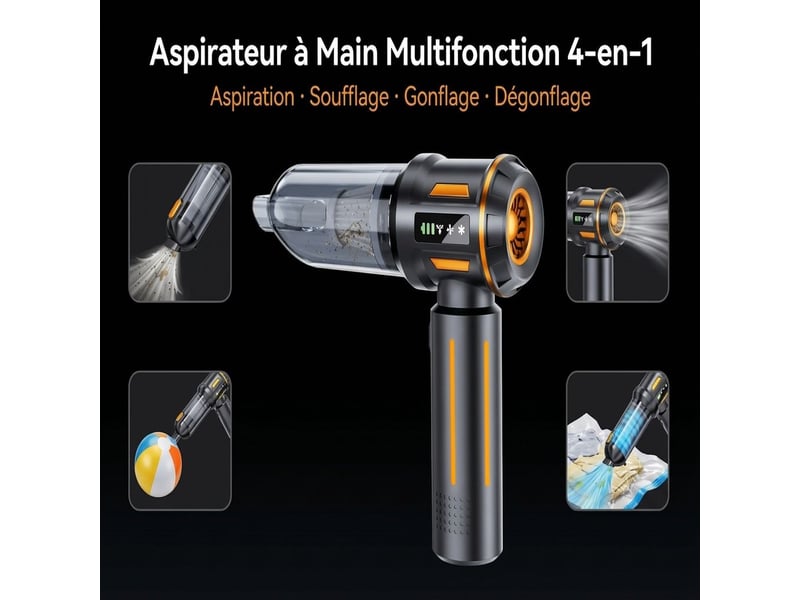 Mini aspirateur et souffleur sans fil 2 en 1 puissant 16000pa – dépoussiéreur électrique moteur brushless avec écran led et batterie rechargeable usb-c pour voiture et pc – noir - Conforama B