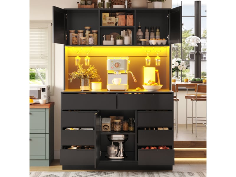 Armoire haute moderne avec éclairage led, 8 tiroirs, fermeture magnétique, étagères réglables, noir, 120x40x183,5 cm  - Conforama D