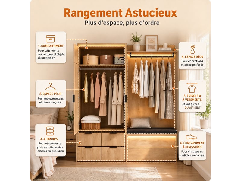 Vestiaire d'entrée 180 x 47 x 200 cm avec miroir, banc rembourré, 2 tringles, 4 tiroirs et éclairage led, anthracite et chêne - Conforama E