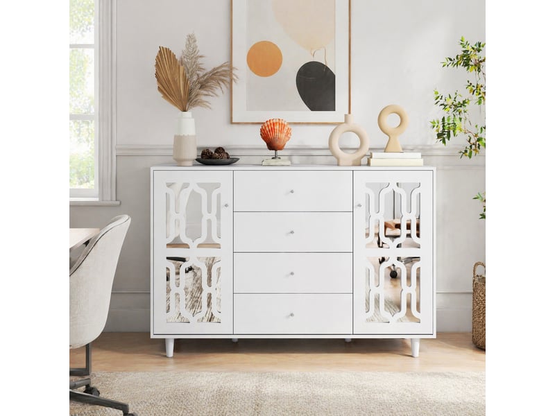  Buffet avec 2 portes, 4 tiroirs et étagères réglables, façade miroir, pour salon, mdf, blanc, 147.5 x 40 x 102 cm  - Conforama B
