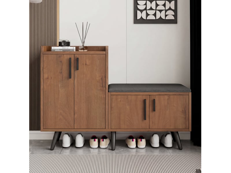  Banc à chaussures 120x34x82,8 cm avec 4 portes et assise rembourrée, finition naturelle  - Conforama B