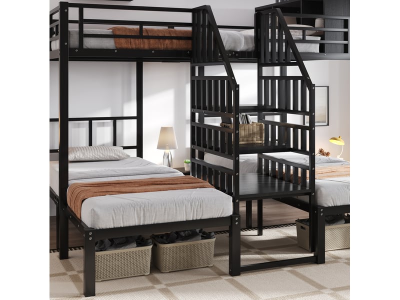  Lit superposé 3 couchages en métal 90x200 et 140x200 cm avec rangement noir  - Conforama E