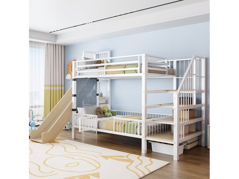  Lit superposé enfant 90x200 cm avec toboggan et rangements blanc  - Conforama D