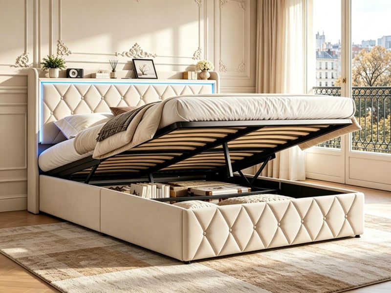  Lit coffre 140x190 cm ezssw, coloris beige  - Conforama B