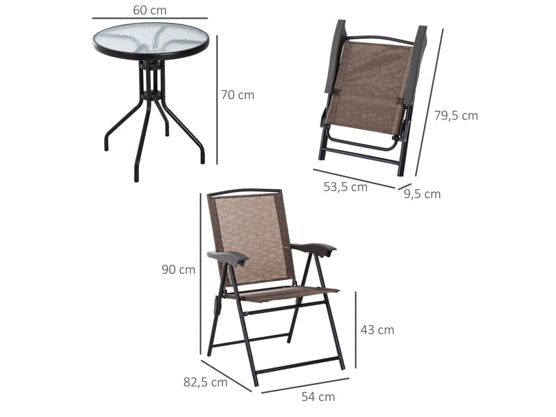 Ensemble table + 2 chaises, jardinterrasse, pliante dossier 4 positions, textilène, acier, marron. - Conforama D