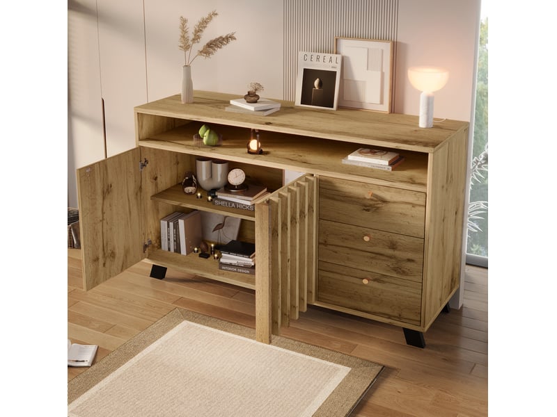  Buffet ulevr avec rangement, 3 tiroirs et 2 portes, niche ouverte, étagère réglable, 120 x 40 x 85 cm, panneaux mdf, chêne foncé  - Conforama E
