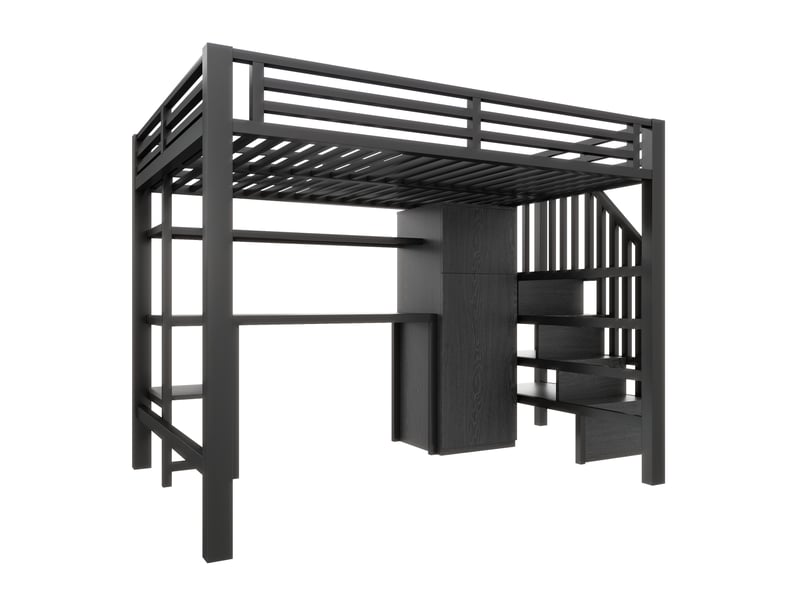  Lit mezzanine 140x200 cm noir, avec bureau, rangements, penderie, led, escalier de rangement, structure métal, sommier inclus, sans matelas  - Conforama E