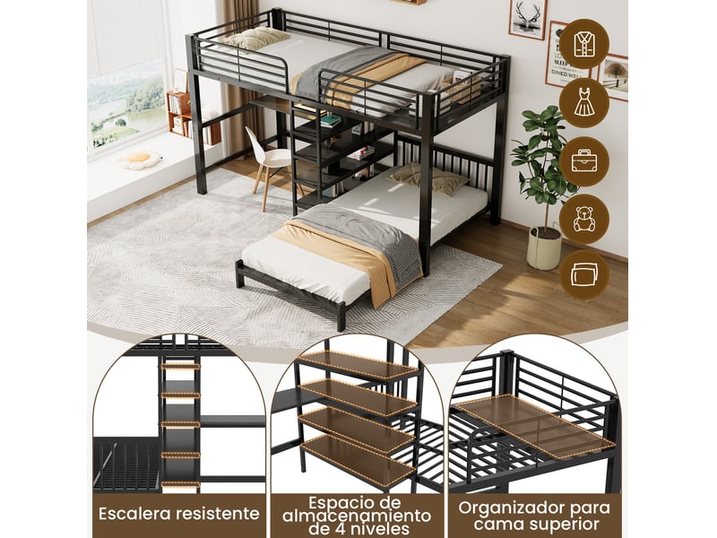 Lit mezzanine 2 couchages 90x200 cm noir avec bureau en l, rangements et prises usb, sans matelas  - Conforama E