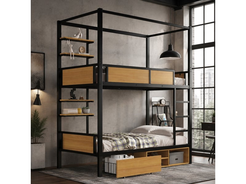  Lit superposé, lit 2 couchages 90x200 cm en métal et mdf avec étagères, tiroirs et rangements, sans matelas  - Conforama C