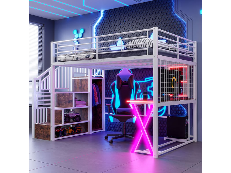 Lit mezzanine 140 x 200 cm avec bureau, armoire, led et escalier avec rangement, lit double en métal blanc avec étagères et garde-corps - Conforama C