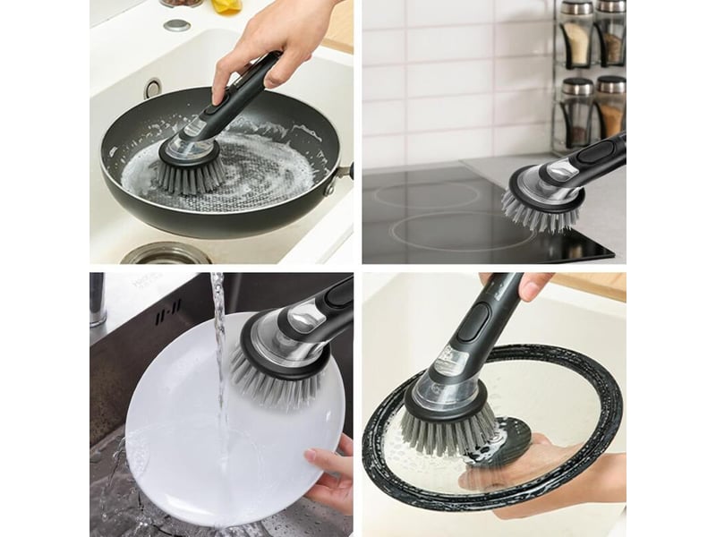  Brosse de nettoyage avec distributeur de savon, nettoyage puissant, convient pour les casseroles, les éviers, etc. Poils longs, noire  - Conforama D