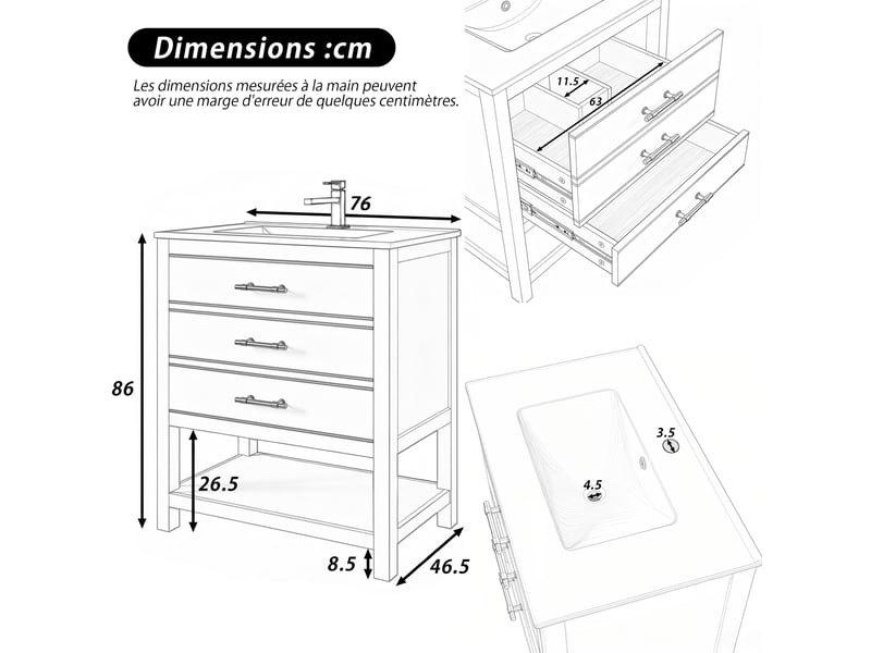 Meuble sous vasque 76x46,5x86 cm en mdf bleu noir avec vasque céramique, 2 tiroirs et niche - Conforama D