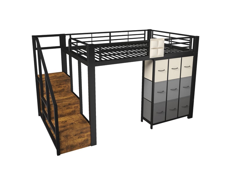  Elvmi lit mezzanine 140x200 cm en métal et mdf avec escalier de rangement, commode à tiroirs, penderie intégrée, garde-corps et poche de rangement, structure surélevée multifonction pour chambre, noir et blanc  - Conforama A