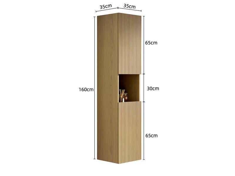 Armoire de salle de bain haute 2 portes et 1 niche ouverte avec étagères réglables pour salle de bain en bois doré - Conforama C