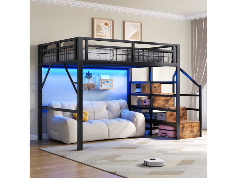  Lit mezzanine enfant 140x200 cm, avec marches de rangement, cadre en métal et mdf, led contrôlable, noir, sans matelas  - Conforama D