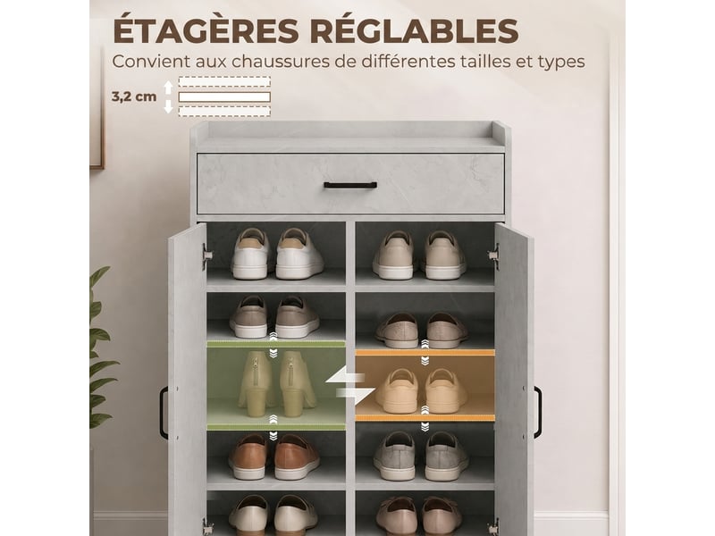  Meuble à chaussures, armoire à chaussures avec 2 portes, 5 compartiments et étagères réglables, tiroir, gris  - Conforama E