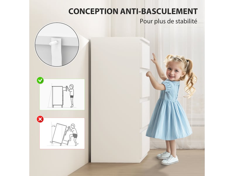  Commode 4 tiroirs, meuble de rangement épuré pour chambre, intérieur, 80 x 39 x 95 cm panneau de particules blanc  - Conforama R