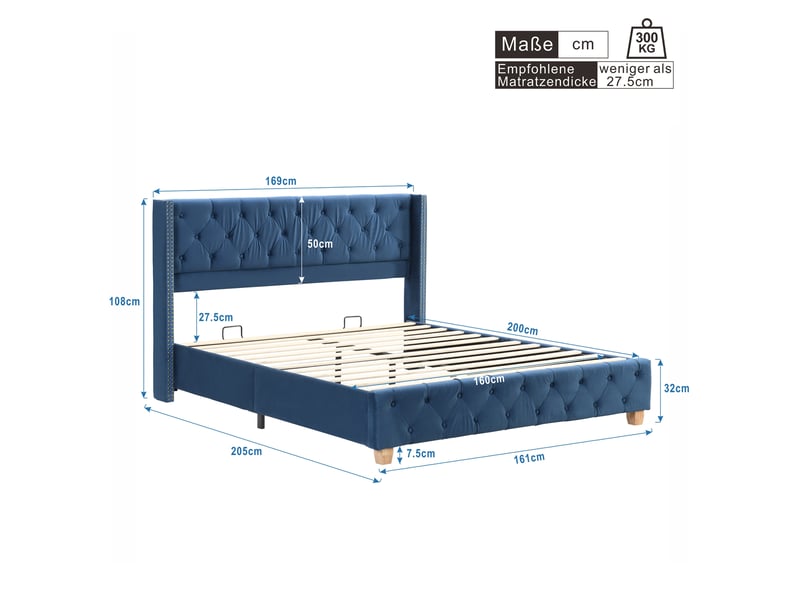 Lit adulte 160x200 cm, tête de lit, design capitonné à boutons, sommier, velours bleu, sans matelas - Conforama C