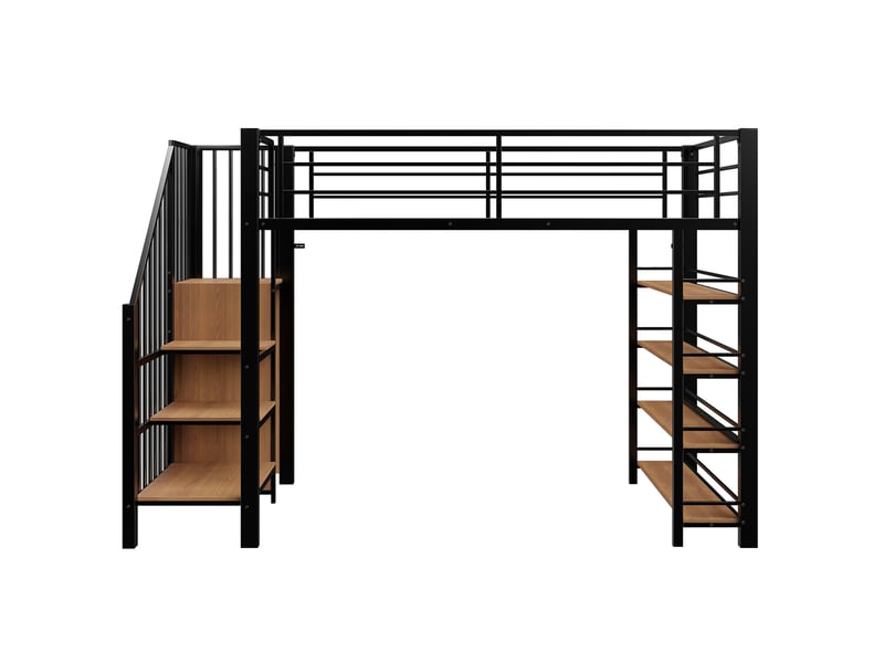  Lit mezzanine 90x200 cm noir, escalier sécurisé, armoire, étagères, rangements et barrières hautes  - Conforama A