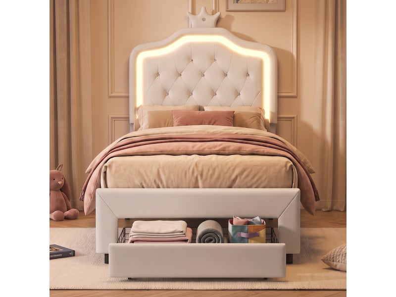  Lit simple 90x200, lit enfant, éclairage led et tiroir de rangement,  tête de lit couronne ajustable, style moderne, blanc  - Conforama D