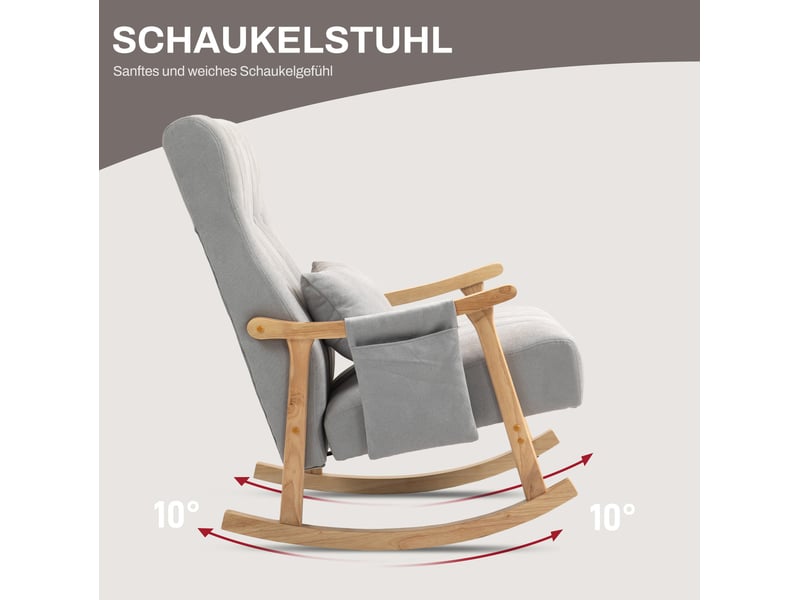 Fauteuil à bascule avec coussin lombaire, poche latérale et cadre en bois, en polyester gris - Conforama D