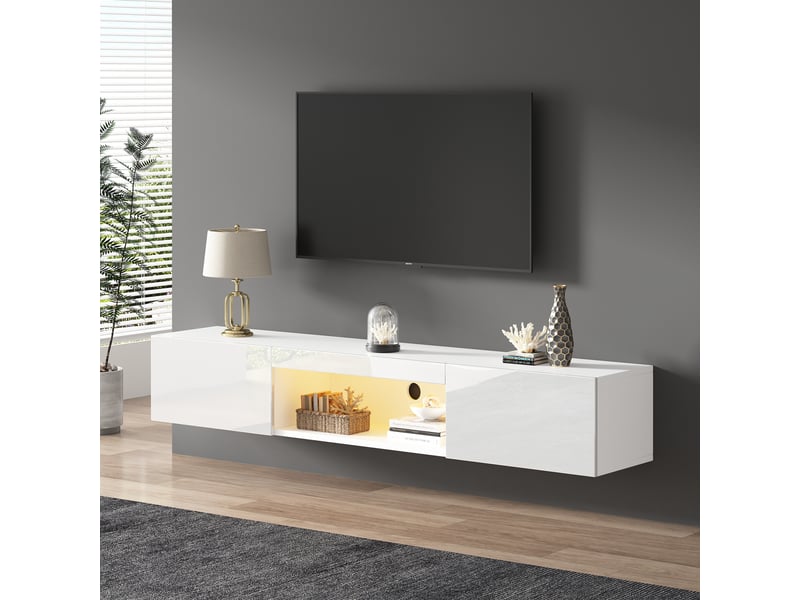  Meuble tv mural 160 cm pour téléviseur jusqu'à 70 pouces, led bluetooth, meuble tv suspendu blanc brillant  - Conforama E