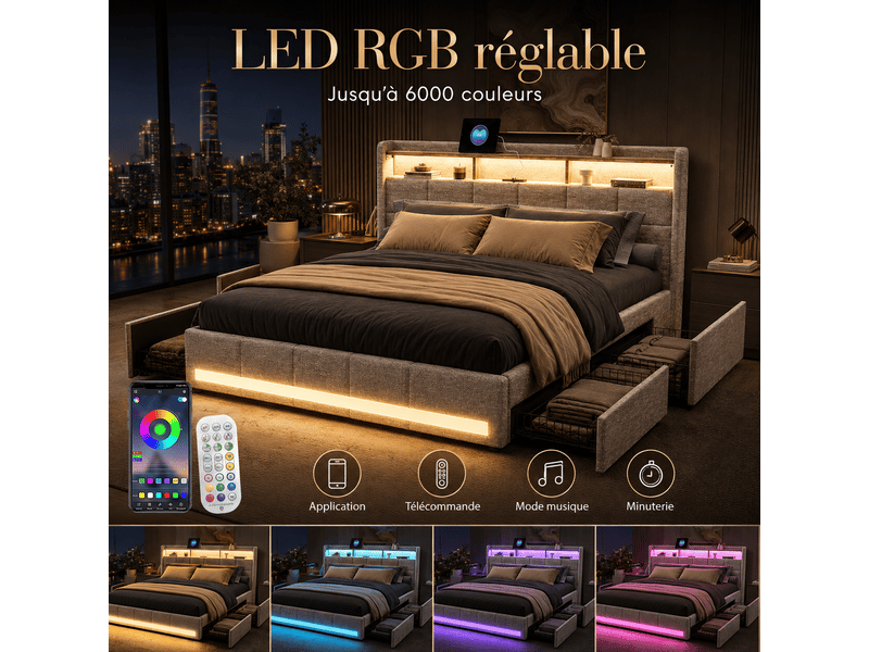 Lit 160 x 200 cm avec sommier - 4 tiroirs - cadre de lit rembourré avec led intégrée et usb type‑c - lit coffre double avec rangement et tete de lit capitonné - 2 personnes - 2 places- en lin - beige - chambre adulteado - sans m… - Conforama B