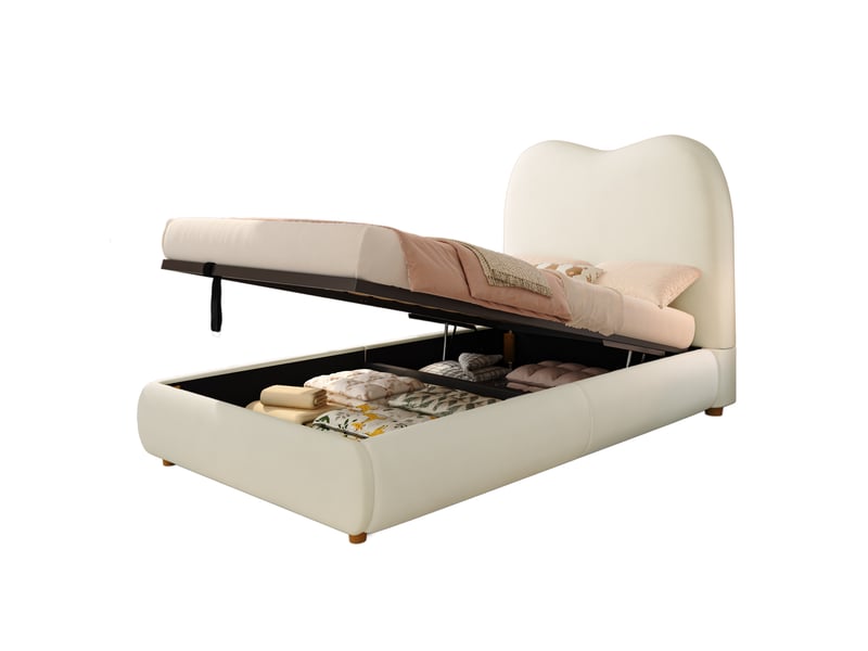  Lit enfant 90x190 cm, coffre hydraulique, sommier à lattes inclus, tête rembourrée, velours beige, sans matelas  - Conforama A