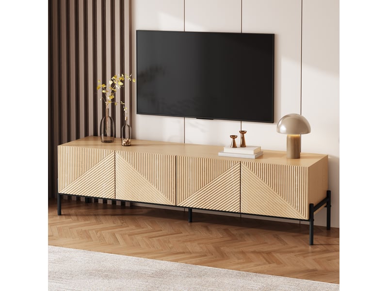  Meuble tv 4 portes en mdf naturel, 163,5 x 40 x 45 cm, pieds noirs  - Conforama E
