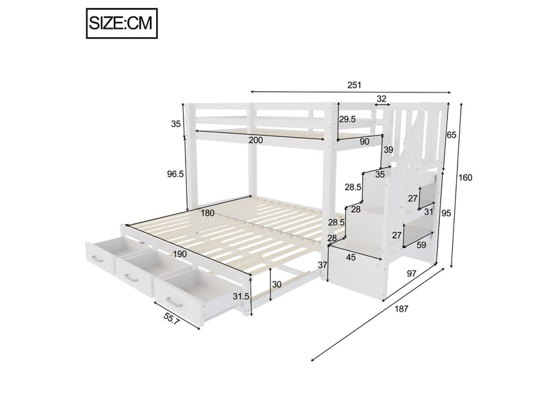  Lit superposé 90x200 cm avec lit gigogne 90180x190 cm, 3 tiroirs, échelle et rangements, pin et mdf blanc  - Conforama C
