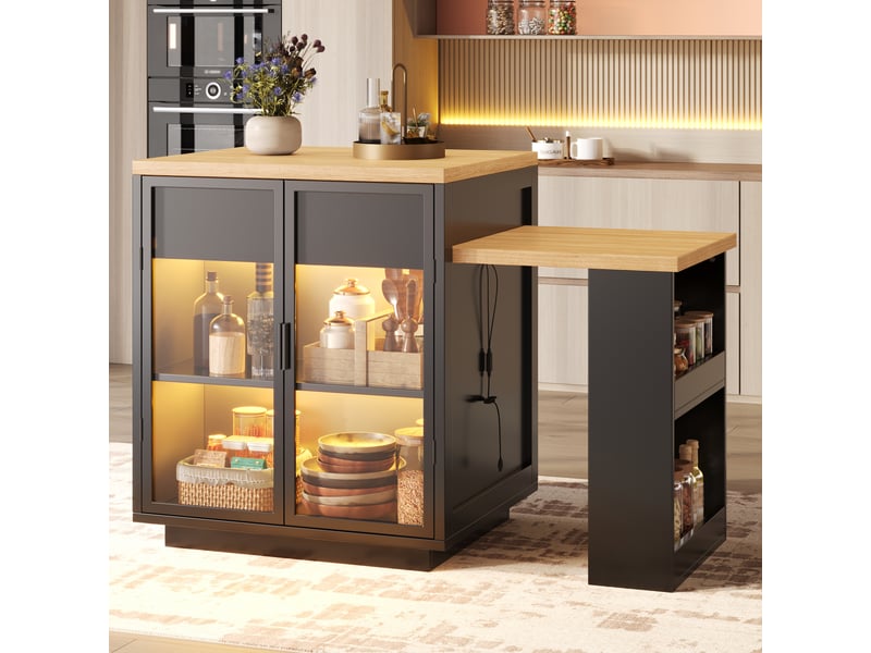  Îlot de cuisine extensible 122-194,5 x 70 x 94 cm, table à manger de cuisine, placard 2 portes, tiroir, étagère, led via application, port usb, noir Bliss Lite - Conforama E