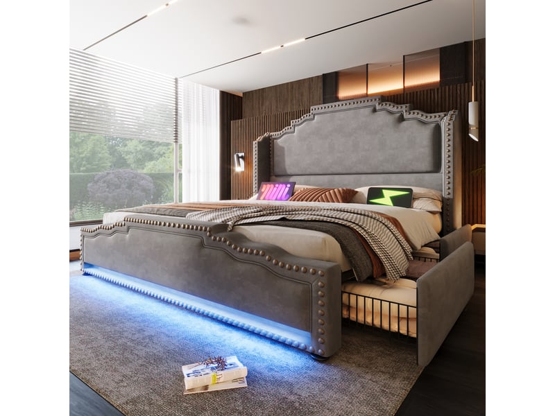 Lit coffre rembourré 180x200 cm avec 4 tiroirs, led et usb-c, sommier à lattes, revêtement velours gris Morn Vibe - Conforama C