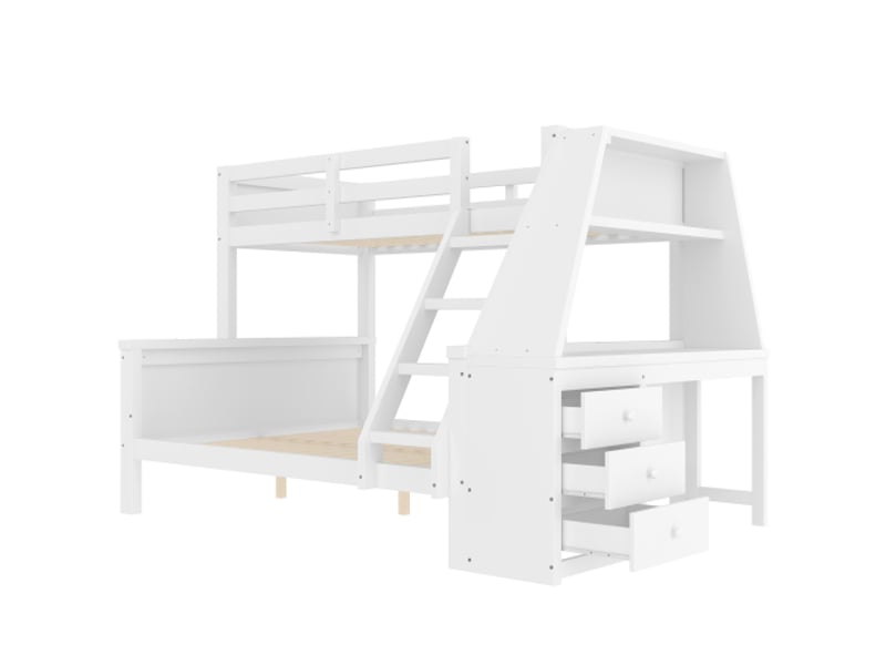  Lit superposé enfant 90x200 cm et 140x200 cm, bureau, étagère, 3 tiroirs, barrière, escalier, blanc, sans matelas  - Conforama E