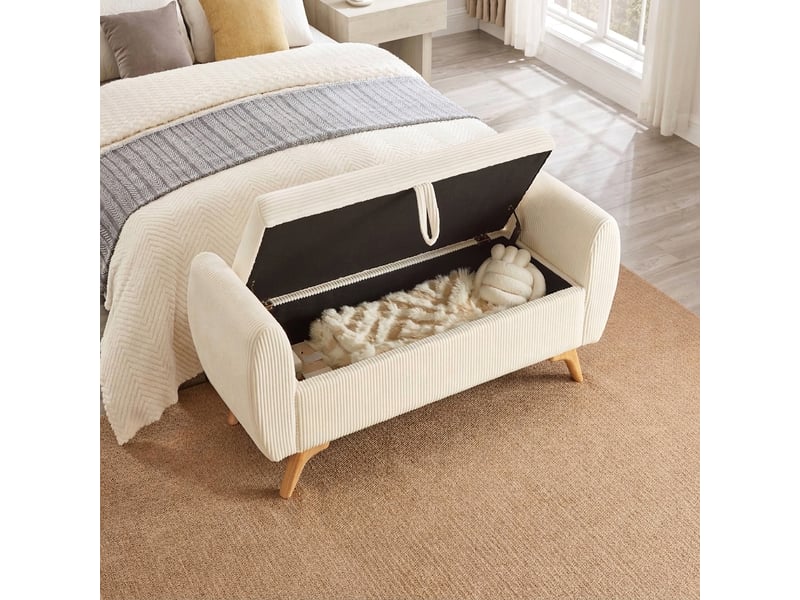  Banc de rangement beige 145 cm en velours côtelé avec coffre pliable et pieds en bois  - Conforama B