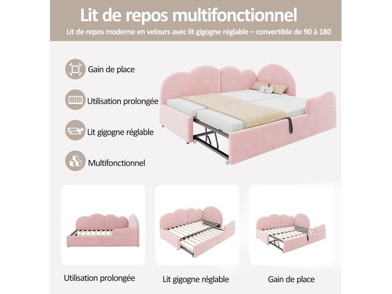  Lit gigogne 90 × 200 cm et 90 × 190 cm 2 places avec tête de lit nuage, sans matelas, en velours rose  - Conforama E