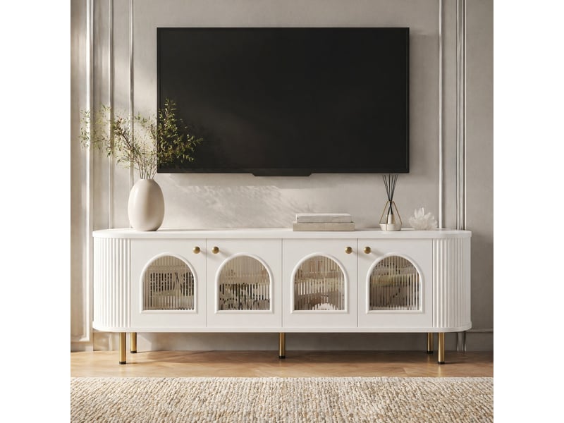  Meuble tv 170 x 35 x 55 cm à 4 portes vitrées, mdf blanc et doré avec passe-câbles  - Conforama B