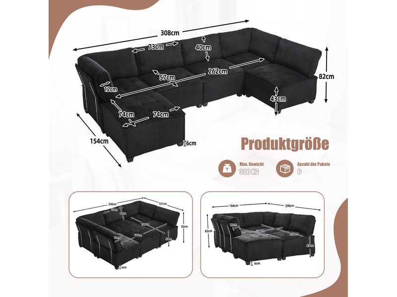 Canapé modulable 6 places en velours côtelé noir - Conforama C